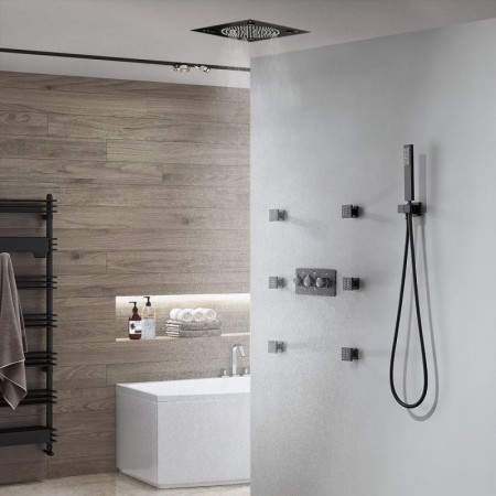 Brass Shower Faucet with 6 Massage Sprayer Heads LED Black Shower Faucet System