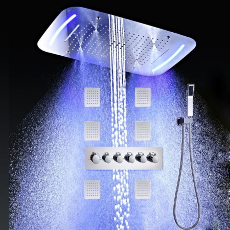 Luxury Waterfall Rain Thermostatic Shower System with 6 Body Sprays and LED Ceiling Mount Head