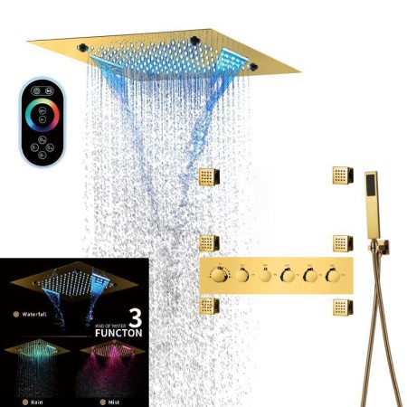 Thermostatic Multiple Shower Head System With Body Jets LED Rain Shower Fixtures