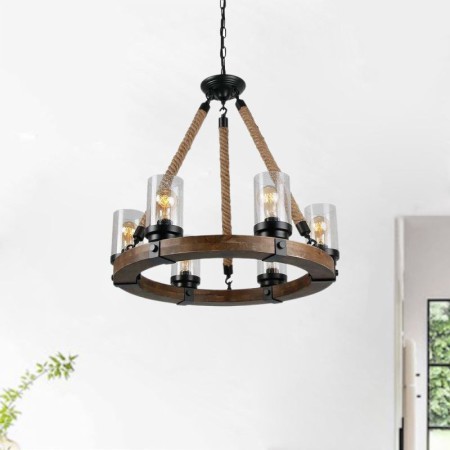 6 Light Decor Light Fixture Living Room Kitchen Farmhouse Rustic Wood Pendant Lamp