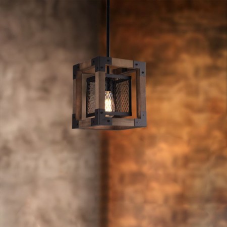 Single Light Iron Net Lighting Kitchen Island Office Retro Wood+Iron Pendant Lamp