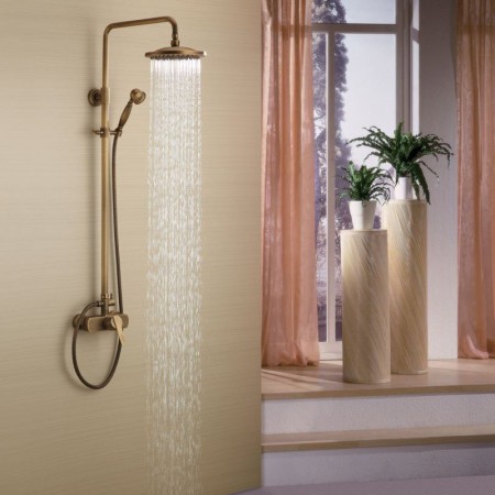Exposed Pipe Shower with 8-Inch Shower Head and Hand Shower in Antique Brass