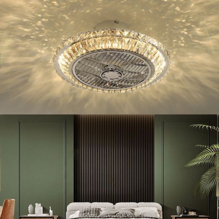 For Bedroom Crystal Ceiling Fan Light Gold Round LED Ceiling Lamp
