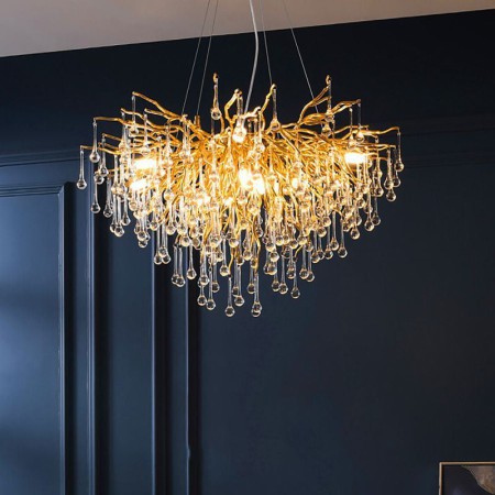 Luxury Gold Living Room LED Pendant Light Nordic Crystal Chandelier Flower Round Shade