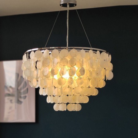 Hanging Round Layered Chandelier with Natural Capiz Shell Pendant Lighting for Living Room