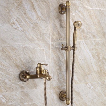 Bathroom Shower Faucet Set with Handheld Sprayer and Tub Filler in Antique Brass Slider Bar Shower System