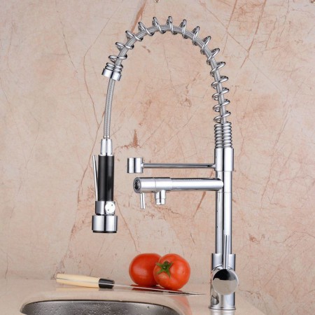 Chrome Single Commercial Kitchen Sink Faucet Mixer Tap with Pull Down Spray