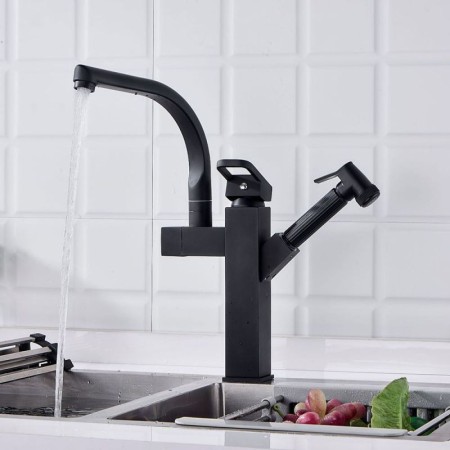 Matte Black Kitchen Faucet with Double Spouts and a Deck Mount Sink Mixer