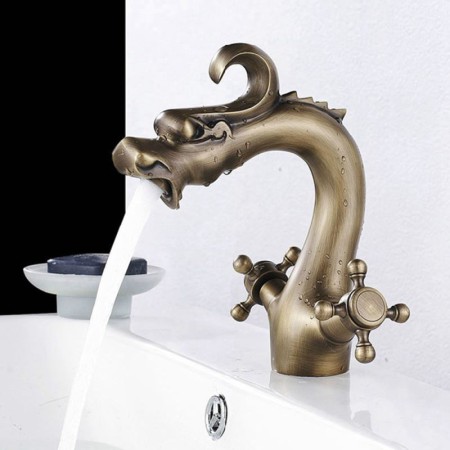 Single Hole Antique Dragon Face Basin Faucet Brass Bathroom Sink Mixer Tap