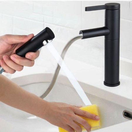 Matt Black Pull-Out Sprayer Sink Faucet Basin Laundry Mixer Tap