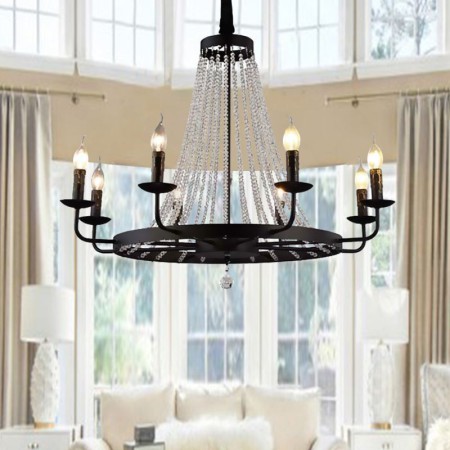 Black Iron Candle Chandelier Vintage Crystal Pendant Lighting Living Room Dining Room