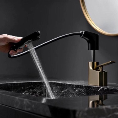 Brushed Gold/Black/Chrome Color Liftable Pull-Out Basin Mixer Tap Brass Countertop Faucet