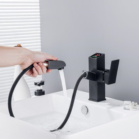 Creative LED Digital Display Black Brass Pull-Out Basin Tap