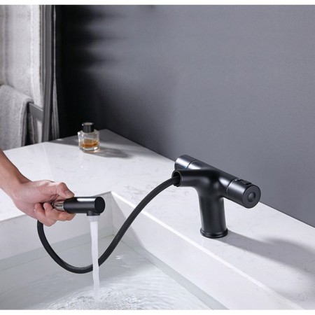 Pull-Out Bathroom Faucet with Thermostatic Basin Mixer Tap in Black Brass