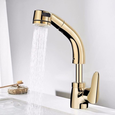 Liftable Basin Faucet Pull-out Sink Tap in Gold