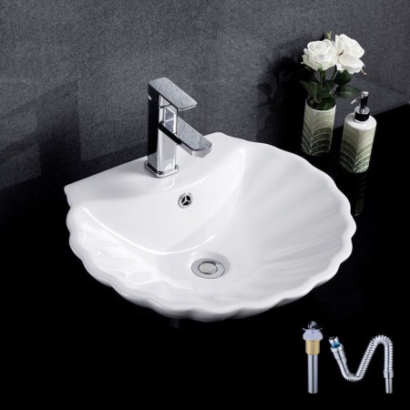Without Faucet European Single Sink Shell Shape Vessel Sink White Ceramic Basin