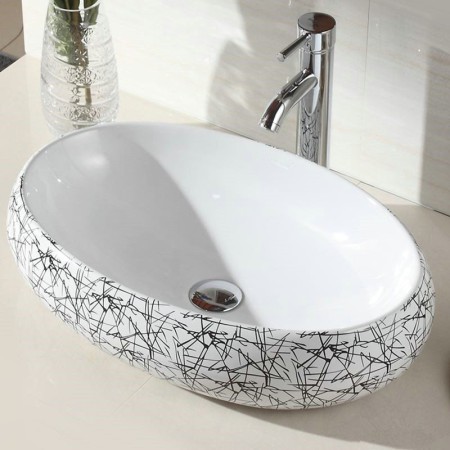 Oval 48cm Modern Simple Ceramic Sink White Geometric Pattern Sink (Without Faucet)