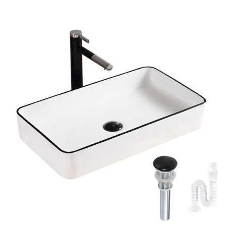 White Ceramic Vessel Sink with Square Basin for Bathroom (without Faucet)