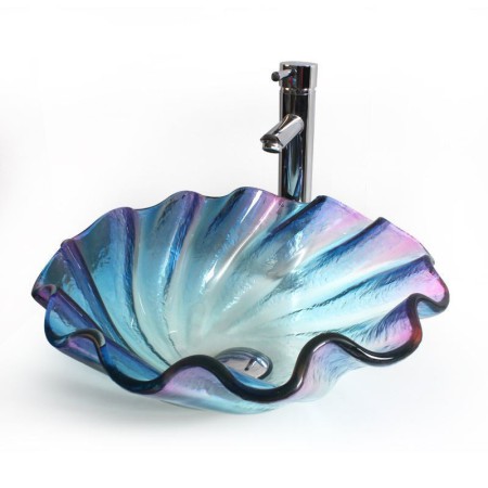 Tempered Glass Sink with Translucent Colorful Scallop Shape (Faucet Not Included)