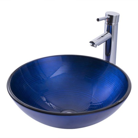 Modern Round Tempered Glass Bathroom Sink with Blue Stripes