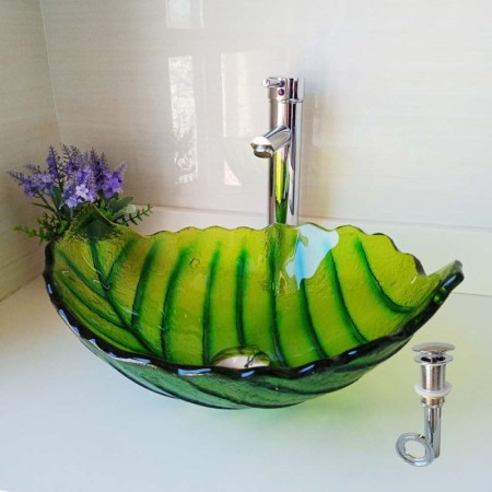 Green Leaf Shaped Tempered Glass Bathroom Sink Modern