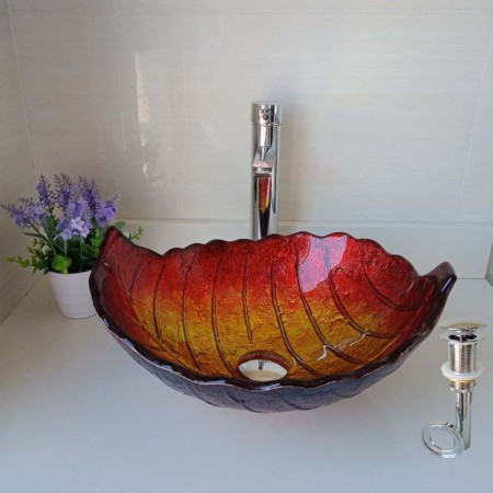 Gold Red Gradient Color Leaf Shape Modern Simple Tempered Glass Bathroom Sink