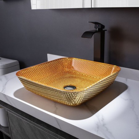 Modern Square Washroom Countertop Sink with Diamond Shaped Crystal Glass Wash Basin