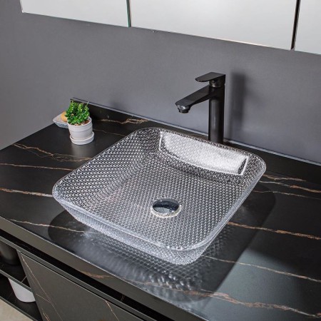Modern Countertop Bathroom Sink with Transparent Square Glass Wash Basin