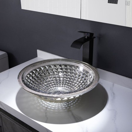 Silver Crystal Glass Wash Basin Modern Round Bathroom Washroom Countertop Sink