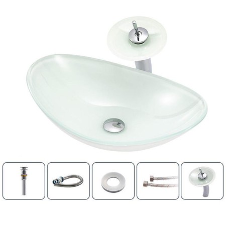 White Ingot Basin Tempered Glass Bathroom Countertop Waterfall Vessel Sink Tap Sink and Faucet Set