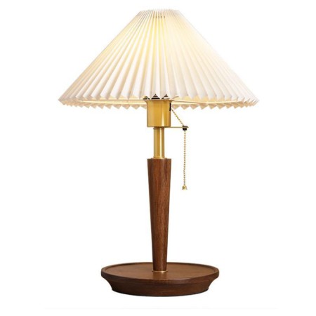 Pull Chain Switch European Retro Pleated Table Lamp With Wood Base For Living Room