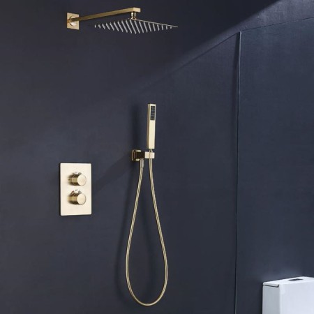 10 Inch Rain Shower System with Thermostatic Shower Faucet Set in Brushed Gold