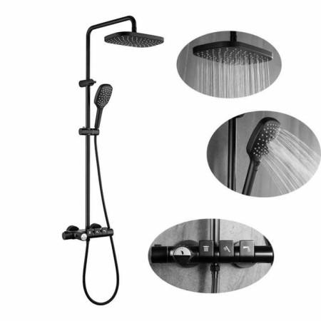 Shower Set with Thermostatic Brass Shower Faucet System in Black/Chrome Color