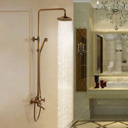Tub Shower Faucet in Antique Brass with 8-Inch Shower Head and Hand Shower