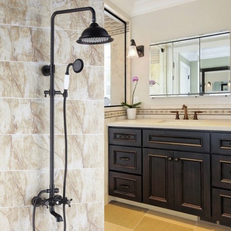 Exposed Shower System with Rain Head Handheld Sprayer Tub Spout Traditional Black Shower Mixer Set