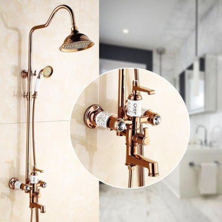Shower System in Rose Gold with Rainhead and Handheld Shower Tub Spout