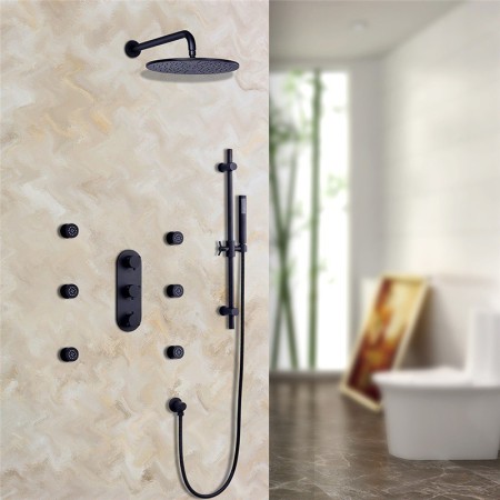 Solid Black Rain Shower System with Luxury Thermostatic Shower Faucet