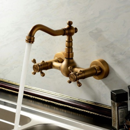Brass Wall Mount Swivel Spout Kitchen Tap Antique Kitchen Faucet