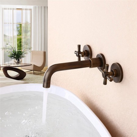Antique Brass Wall Mounted Face Basin Faucet Double Handle Bathroom Sink Tap