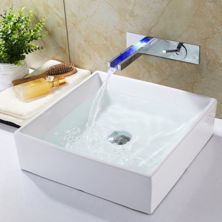 LED Waterfall Color Changing Bathroom Sink Faucet Wall Mounted