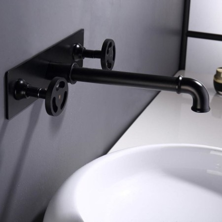 Industrial Style Brass Centerset Faucet with Embedded Box Black Wall Mounted Basin Tap