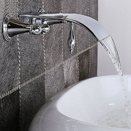 Widespread Bathroom Sink Mixer Tap 2 Handle Wall Mount Curved Waterfall Sink Faucet