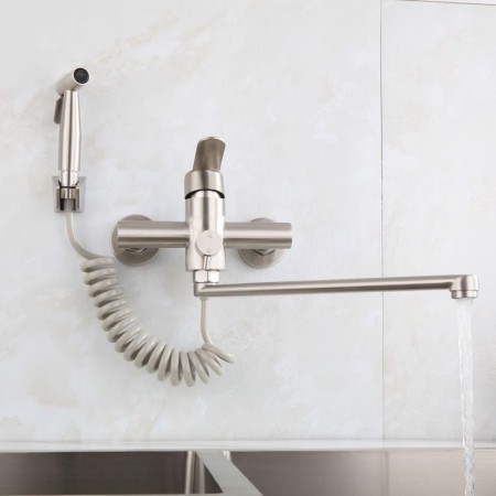 Stainless Steel Brushed Rotatable Wall Mounted Kitchen Faucet with Bidet Spray Shower Head