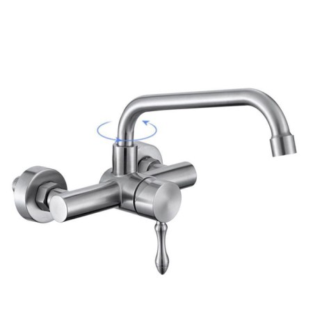Wall Mount Outward Kitchen Faucet with Swivel Spout in Stainless Steel