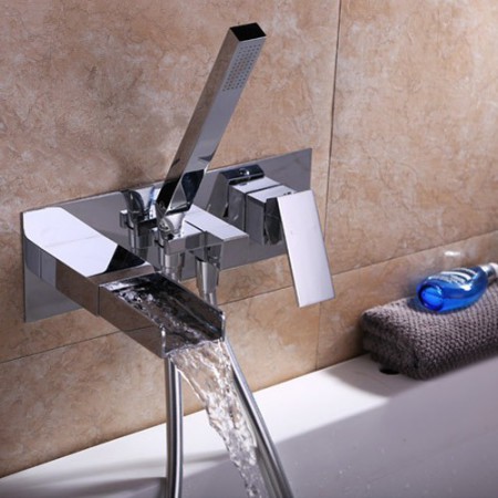 Chrome Wall-Mount Bathtub Tap with Handheld Shower Contemporary Waterfall Tub Faucet