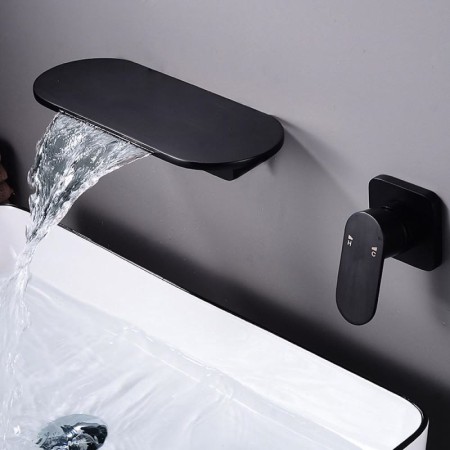 Optional Waterfall Wall Mounted Basin Tap Brass Flat Faucet Rounded Edges Design Black/White