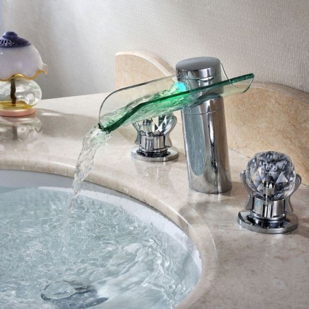 LED Glass Faucet Widespread Bathroom Sink Mixer Tap Two Crystal Handles Color Changing No Battery Required