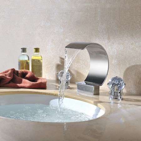 Moon Waterfall Widespread Basin Faucet Bathroom Sink Tap with Crystal Handles