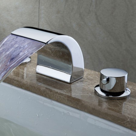 Solid Brass Chrome Finish LED Waterfall Widespread Bathroom Sink Faucet