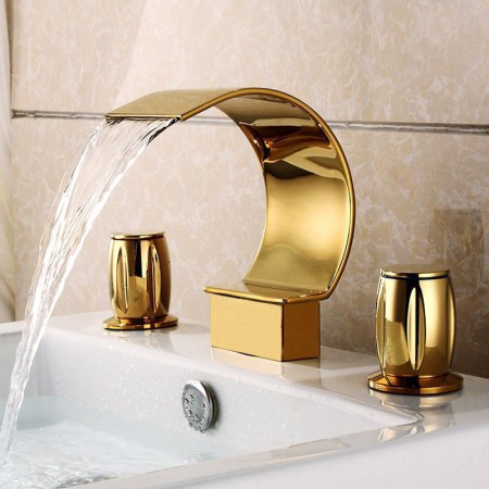 Gold Ti-PVD Double Handles Widespread Waterfall Sink Tap